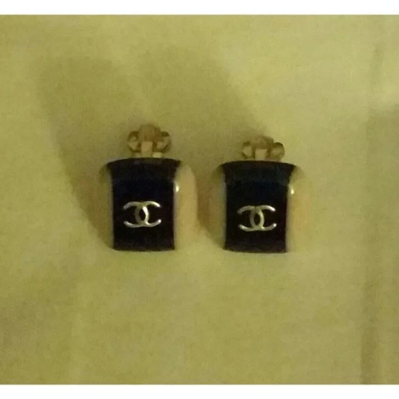 Vintage Authentic Chanel Logo Necklace &  Square Clip Earrings Set ~ Signature - Picture 10 of 11